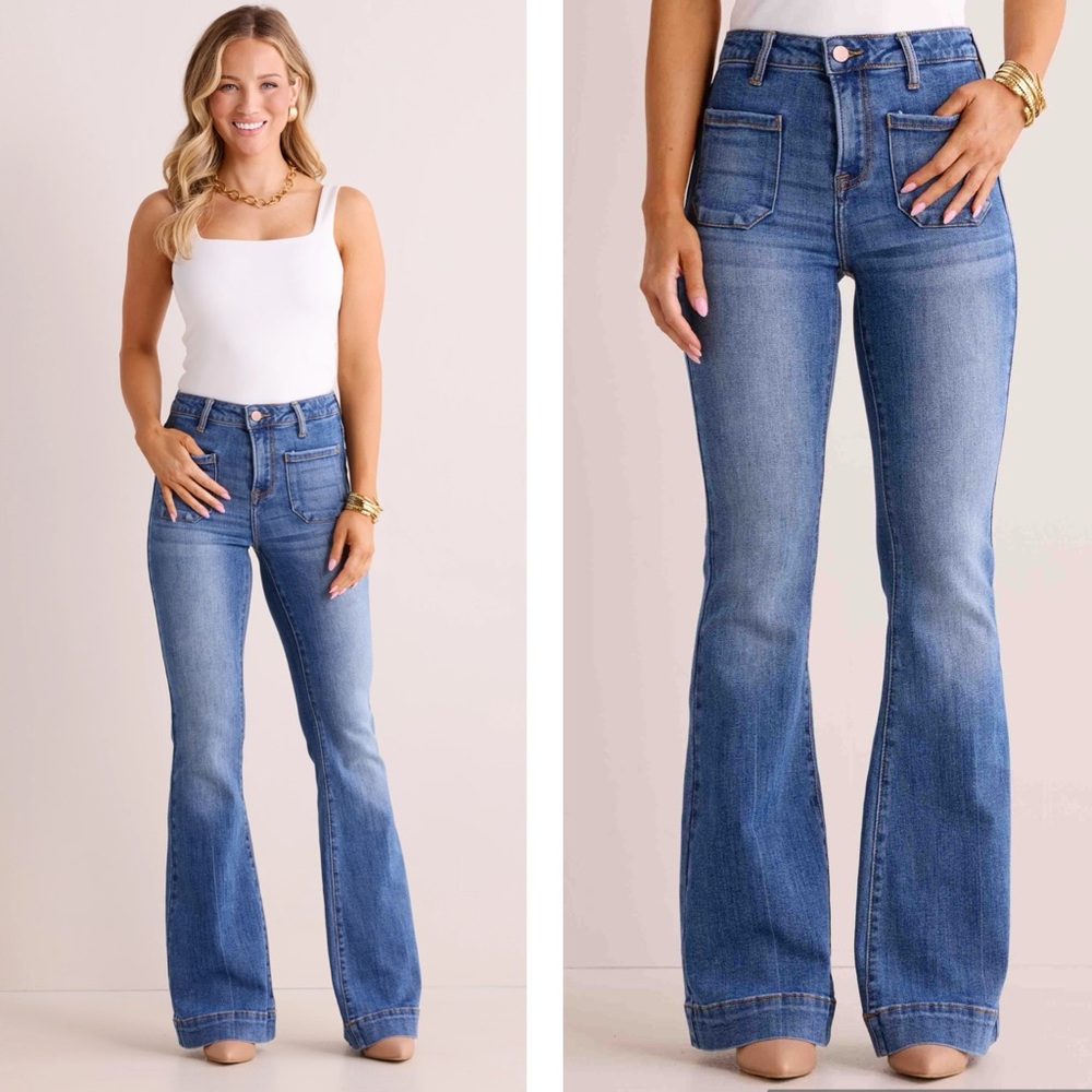 New Risen High Rise Front Patch Pocket Flare Leg Jeans
